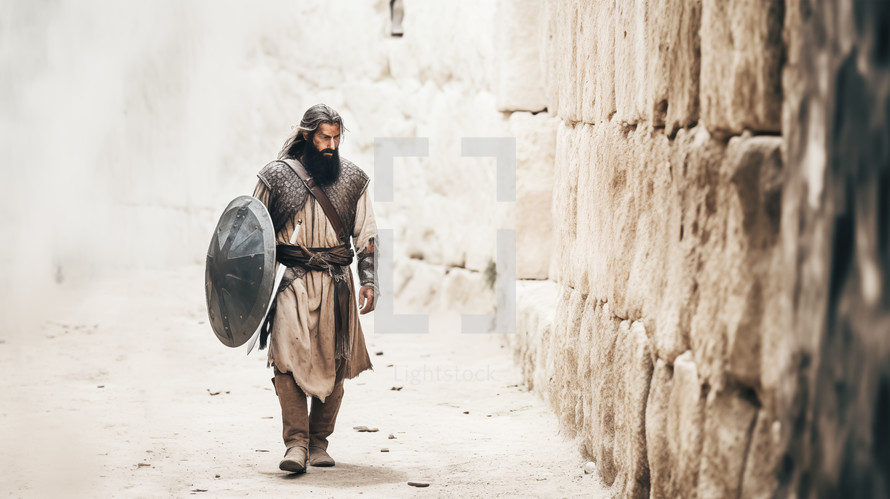 Portrait of a biblical Nehemiah overseeing the construction of the city walls in Jerusalem. Old testament concept. 