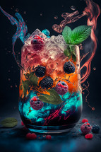 Abstract art. Colorful painting art of a drink with ice cubes and splashes. Background illustration.