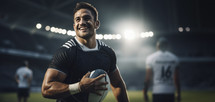 Portrait of a rugby player with ball in stadium. Sports concept.