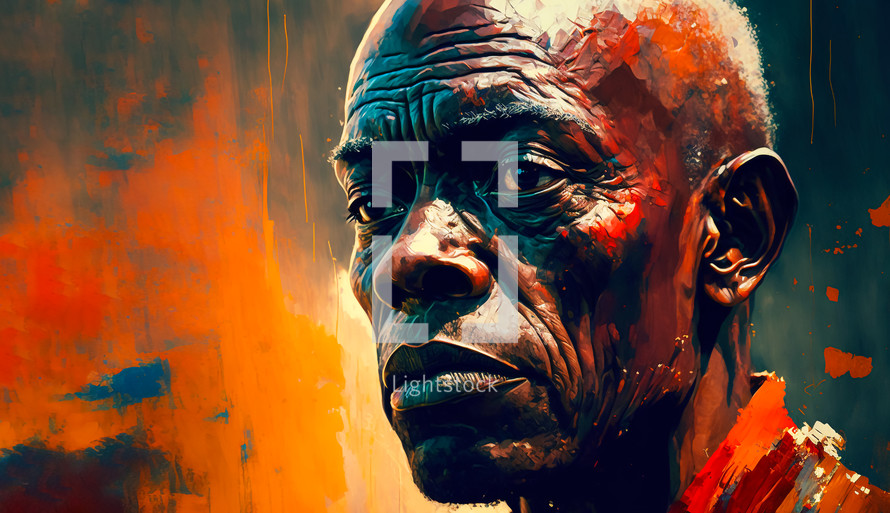Abstract painting concept. Colorful art portrait of an aged afro man. African culture.