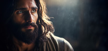 Portrait of Jesus captured in an emotive and serene moment. Christian illustration. 