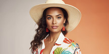 Stylish Cuban woman in floral shirt and wide-brim hat, orange backdrop, with a gaze that captivates.