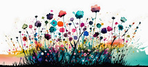 Colorful AI art of a spring flower meadow on white background.