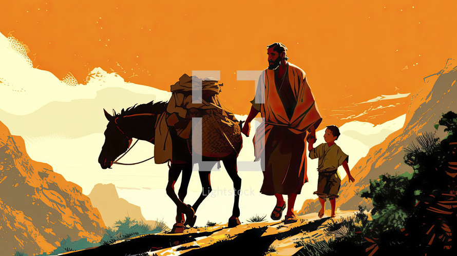Colorful painting art portrait of Abraham hiking up a mountain with his son Isaac. 