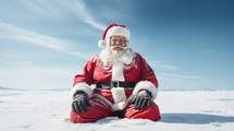 Close-up portrait of happy funny Santa Claus stucking in the snow at the North Pole.