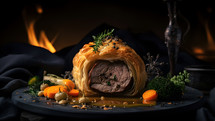 Abstract art. Colorful painting art of an exquisite plate of food. Beef Wellington with Truffle Sauce, Roasted Vegetables.