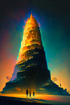 Colorful AI illustration of the Tower of Babel.