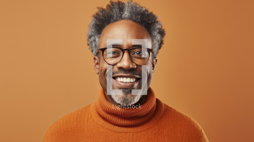 Warm portrait of a smiling middle-aged man with gray hair wearing glasses and a turtleneck sweater on an orange background.