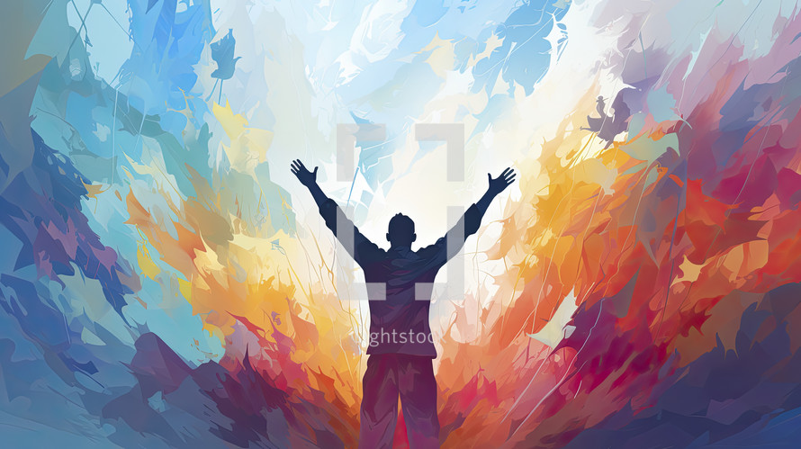 Man raises his hands to worship and praise God. Christian illustration. 