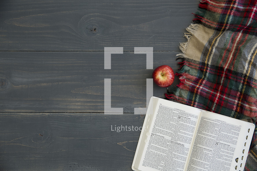 apple, plaid blanket, and open Bible on gray wood boards 