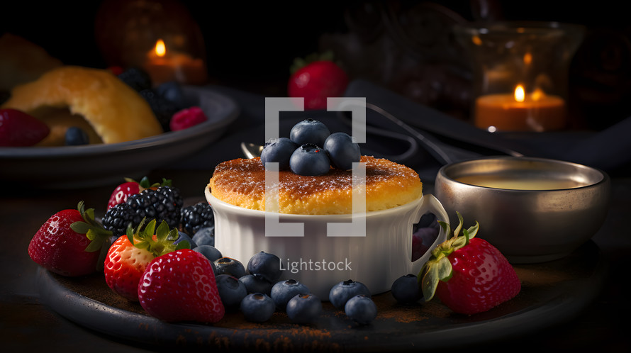 Abstract art. Colorful painting art of an exquisite plate of food. Creme brulee with fresh berries and a shortbread cookie.