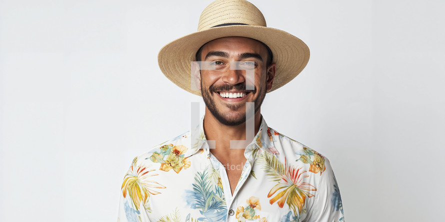 Smiling young man in a straw hat and tropical shirt on a white background.