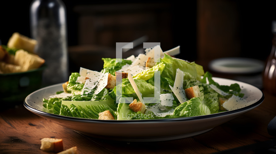 Abstract art. Colorful painting art of an exquisite plate of food. Caesar salad with crisp romaine lettuce and shaved parmesan.