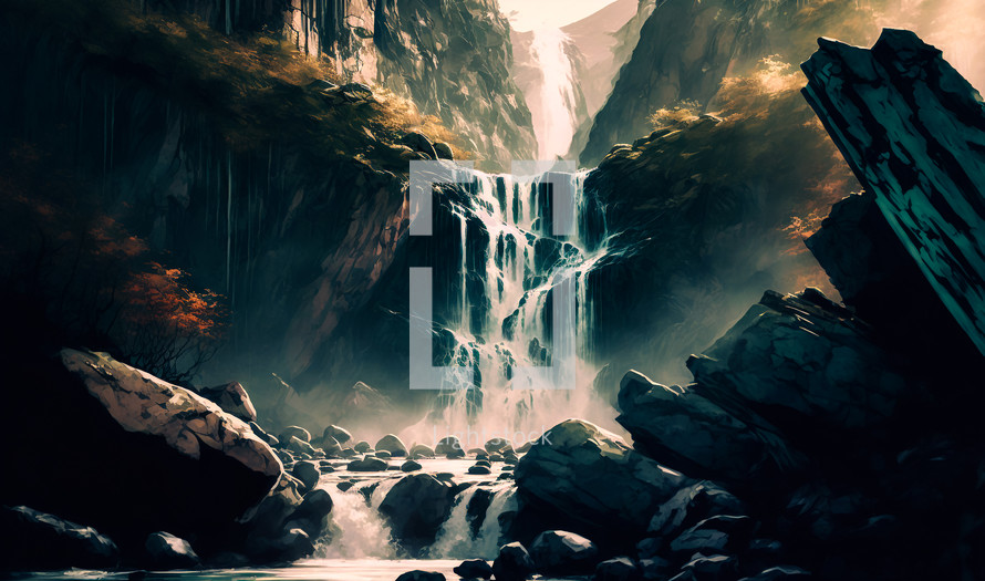 Abstract art. Colorful painting art of a waterfall in the mountains. Background illustration.