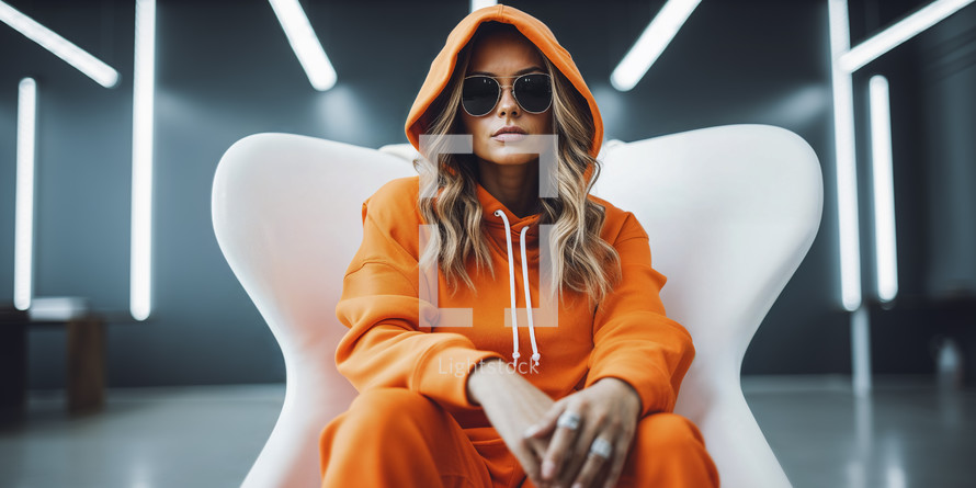 Stylish woman in a vibrant orange hoodie and sunglasses sitting confidently on a white modern chair, with cool neon lights in the background.
