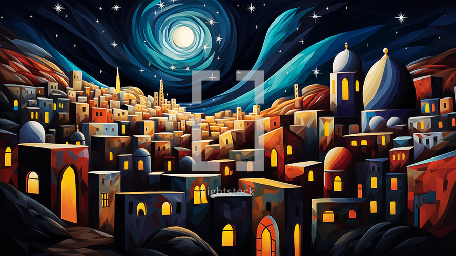 Stylized illustration of Bethlehem at night with swirling starry sky, domed buildings, and glowing windows.