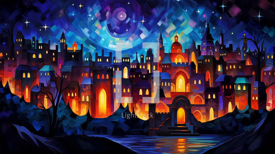 Stylized illustration of Bethlehem at night with swirling starry sky, domed buildings, and glowing windows.