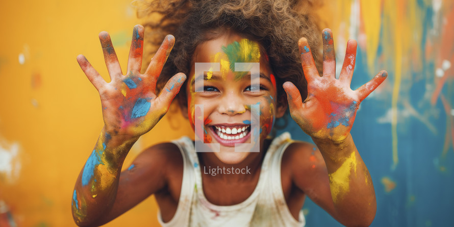Joyful little Afro-American girl with paint-covered hands and face, smiling widely against a colorful background.
