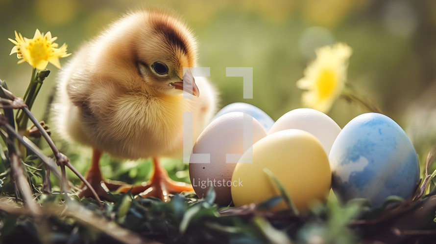 AI art of a chick with Easter eggs in nature.