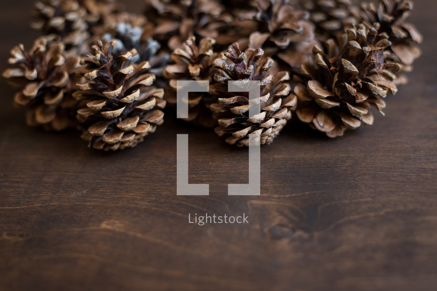 pine cones on a wood background 