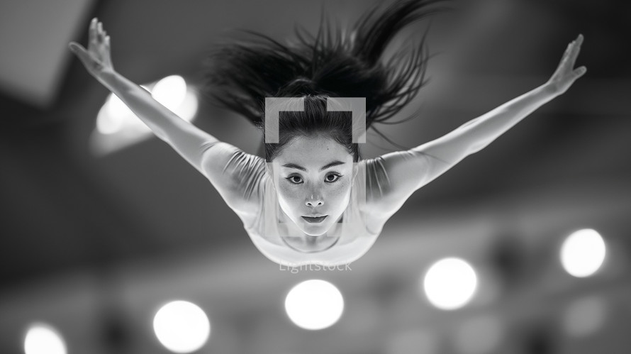 A captivating close-up of a female gymnast in mid-air, demonstrating perfect form and intense focus, under the spotlight at the Olympics.