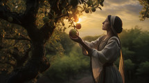 Eve plucks an apple from the tree of the knowledge of good and evil. 