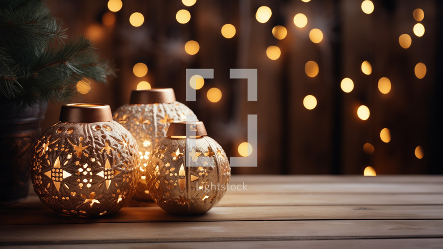 Whimsical Christmas lanterns on the dining table. A holiday greeting card with space for text. Warm, joyful, and elegant. 