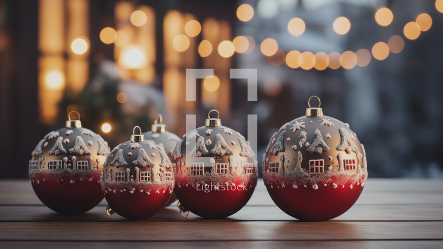 Decorated Christmas balls depicting small Norweigan cabins. Set on a table with seasonal storefronts blurred out in the background. 