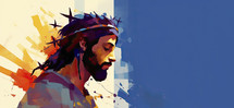 Colorful painting art portrait of Jesus with a crown of thorns. Easter, crucifixion or Resurrection concept. Jesus is alive.