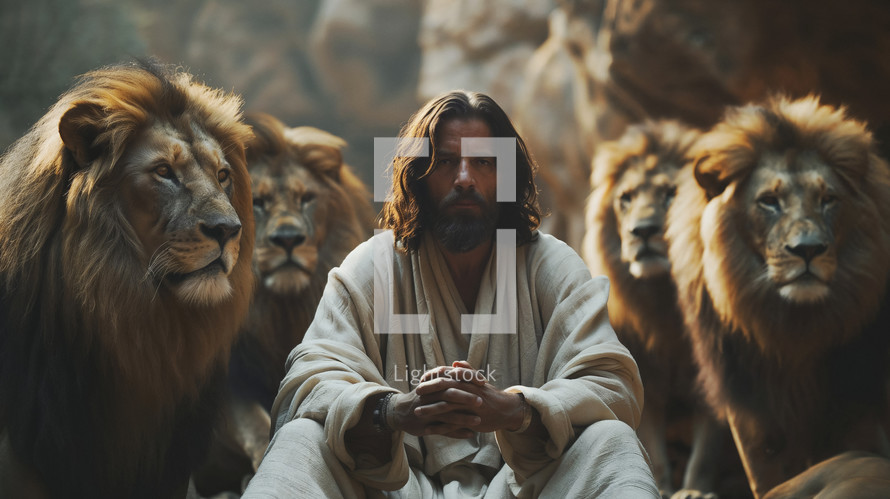 An evocative image of Daniel, tranquil among lions, evoking the biblical tale of faith and divine protection in the lion's den.
