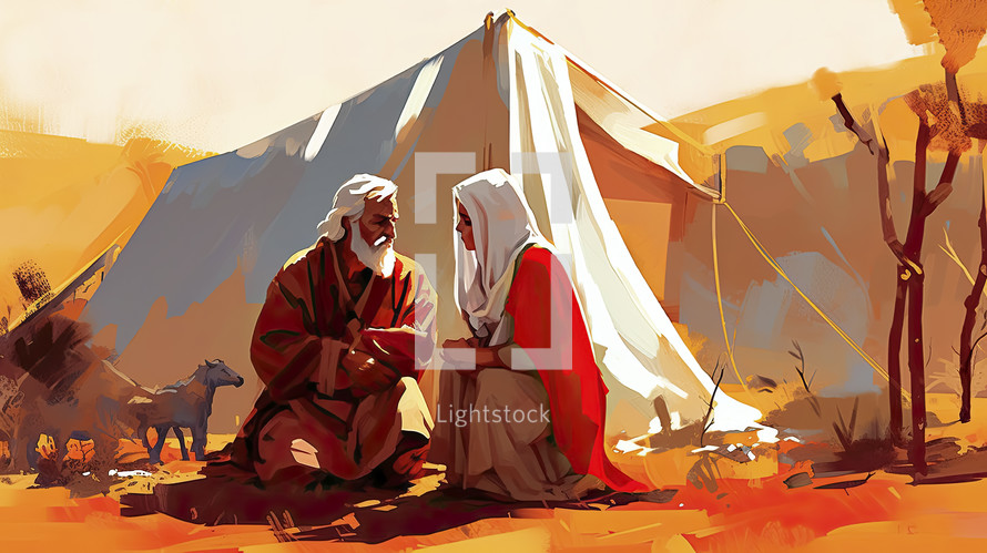 Colorful painting art portrait of Abraham and his wife Sarah sitting in front of their tent.