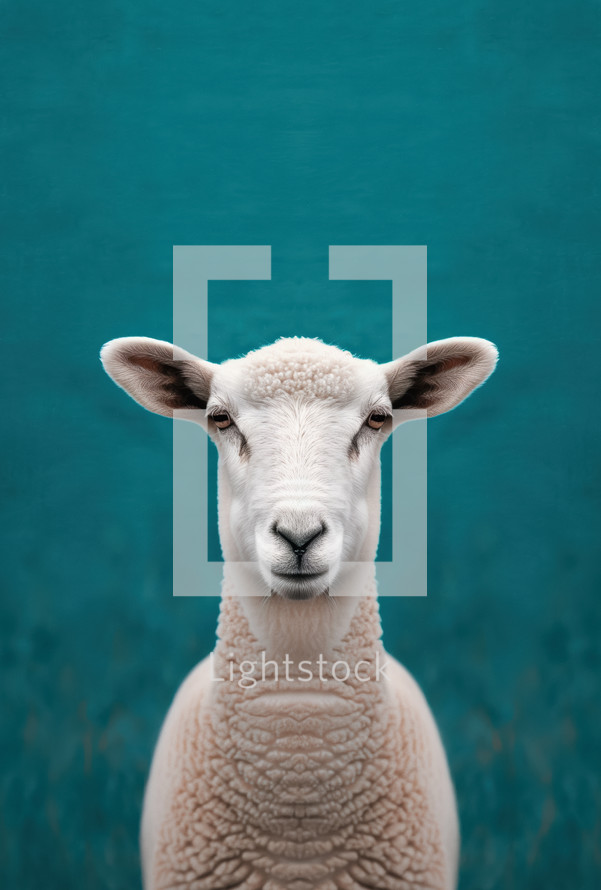 Portrait of a sheep against a teal background, symbolizing purity and innocence, often referenced in biblical themes such as Psalm 23.