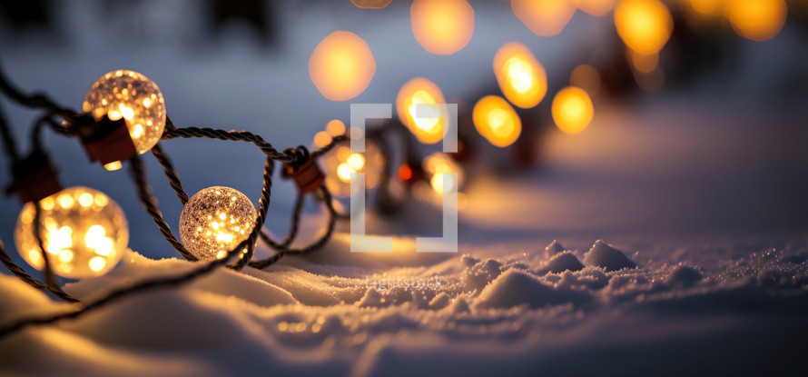 Christmas time. String of glowing Christmas lights on the snow. Digital art image.