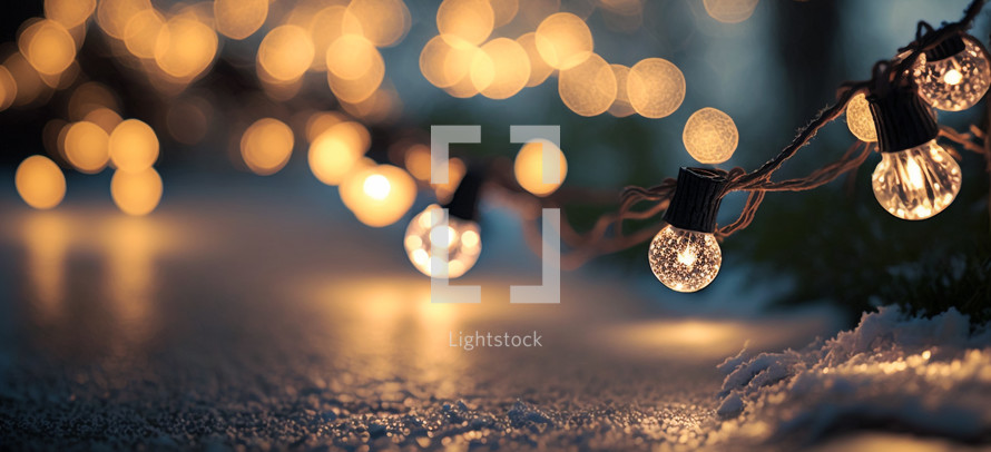 Christmas time. String of glowing christmas lights on snow. Digital art image.