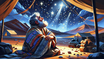 Illustration of Abraham under stars, promise of descendants, serene night.
