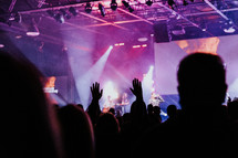 silhouette of raised hands at a concert 