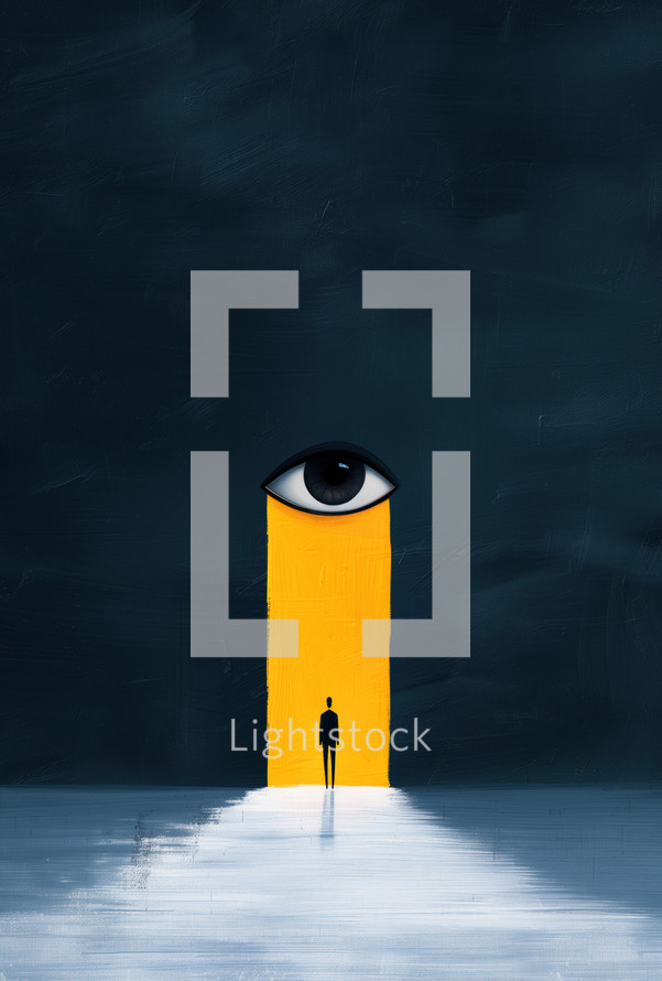 A lone figure stands before an illuminated eye in a dark abstract background, symbolizing divine presence, guidance, and spiritual awareness in a Christian context.