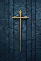 Elegant gold cross on a textured dark blue background, symbolizing faith and spirituality in a refined, modern design, perfect for religious and inspirational themes.