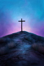 A symbolic cross stands on a hill under a dramatic twilight sky, representing Christian faith and spirituality, with deep blue and purple tones enhancing the serene atmosphere.