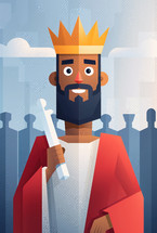 Childlike illustration of biblical King David, depicted with a crown and scroll, characterized by a vibrant and playful style, ideal for educational or religious content.