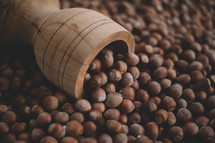 Hazelnuts in a wooden bowl on rustic background