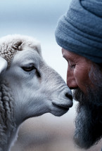 Tender moment between a man and a lamb, symbolizing compassion, faith, and spiritual connection in a serene, pastoral scene.