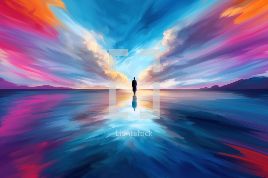 A lone figure stands on a reflective surface beneath a vibrant, colorful sky, symbolizing a spiritual journey, divine presence, and the vastness of God's love.