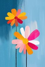 Vibrant pop art flowers with colorful petals against a textured blue background in a modern, abstract style.