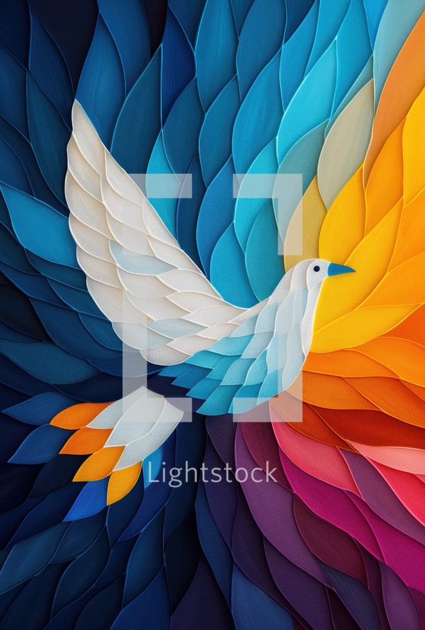 A vibrant depiction of a white dove, symbolizing the Holy Spirit, soaring amidst layered patterns of blue, yellow, and orange hues.