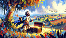 Expressive illustration depicting the Parable of the Hidden Treasure with a joyful man discovering a treasure chest in a colorful, pastoral landscape.