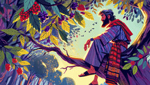 Vibrant illustration of Zacchaeus perched in a mulberry tree, watching over Jesus speaking to a crowd below, a scene from the Biblical narrative.