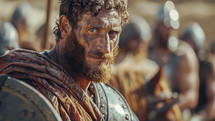 Portrait of a battle-worn warrior, reminiscent of the biblical King David.