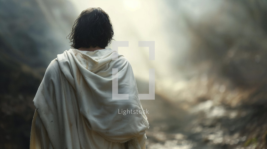 A serene depiction of Jesus in a white robe from behind, walking away from the tomb, bathed in the ethereal light of resurrection.