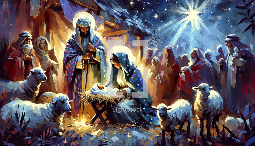 Illustration of the Nativity with Mary, Joseph, and Jesus, vibrant night scene.